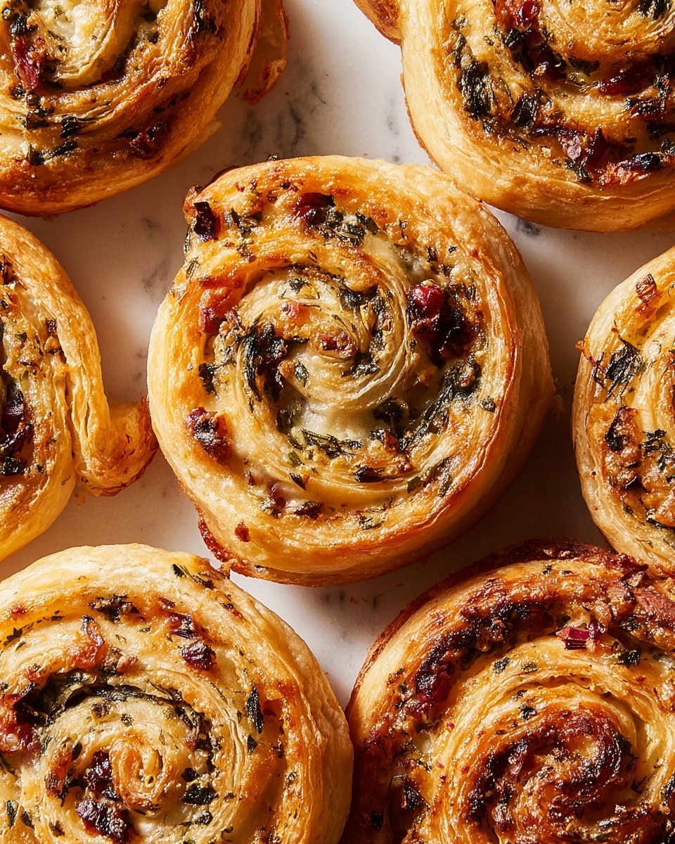 The image shows several round, golden spiral pastries arranged close together on a white marbled surface. Each pastry has multiple thin layers of flaky, light golden dough with a filling that appears creamy and slightly browned on top. The filling contains bits of dark green herbs and small pieces of red, giving the spirals a speckled look inside each swirl. The edges of the pastries are crisp and slightly darker, with some parts showing a toasted texture. The overall look is warm and inviting, highlighting the layers and textures of the pastry. photo taken with an iphone --ar 4:5 --v 7