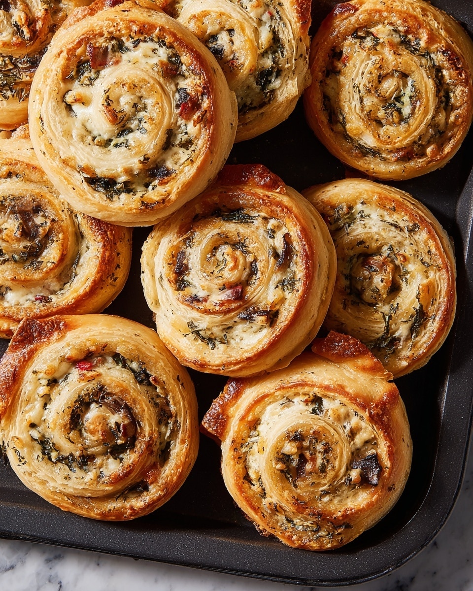 Several round, golden-brown pinwheel pastries sit closely together on a dark baking tray, each about two layers thick with a flaky, crispy texture. The swirl pattern features a light beige dough layered with a creamy filling that contains finely chopped dark green herbs, small bits of red pepper, and mushrooms spread evenly in a spiral from the center to the edges. The pastries have slightly browned edges and look baked to a crisp with some darker toasted spots. The background is a white marbled texture. Photo taken with an iphone --ar 4:5 --v 7