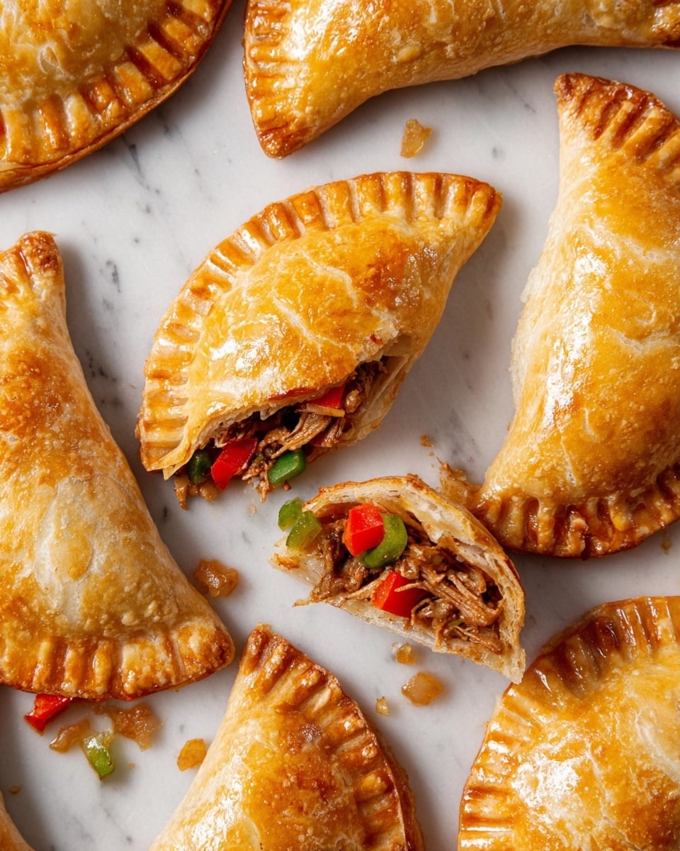 The image shows several small empanadas with a golden, flaky crust arranged on a white marbled surface. Each empanada is shaped like a half-moon and has visible fork marks sealing the edges. One empanada is broken open to reveal a filling of shredded meat mixed with small pieces of red and green bell peppers, showing a mix of reddish and green colors with a juicy texture inside. The crust has a slightly shiny, baked look with some parts more browned than others, creating a warm and appetizing appearance. photo taken with an iphone --ar 4:5 --v 7