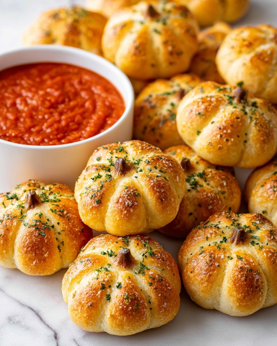 A small clear glass bowl filled with thick, bright red tomato sauce with visible herbs and small chunks, sitting on a white marbled surface. Above the bowl, a woman's hand is holding a soft golden-brown garlic knot with a slightly crisp outside, dipped halfway into the sauce. The garlic knot is covered with bits of green herbs and spices, showing a textured, fluffy bread look with a small exposed doughy twist in the middle. photo taken with an iphone --ar 4:5 --v 7