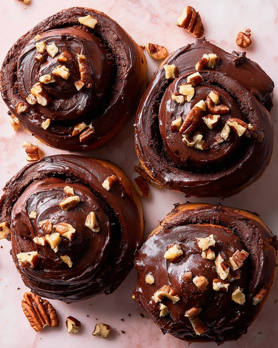Four chocolate cinnamon rolls are arranged closely together on a white marbled surface. Each roll has a dark brown, soft-looking dough layered in a spiral shape, topped with a thick, glossy layer of rich dark chocolate spread evenly across the top. Scattered on the chocolate are small pieces of light brown pecans, adding texture and a crunchy look. The rolls show some rough edges, giving a homemade feel, with extra pecan pieces spread lightly around them. photo taken with an iphone --ar 4:5 --v 7