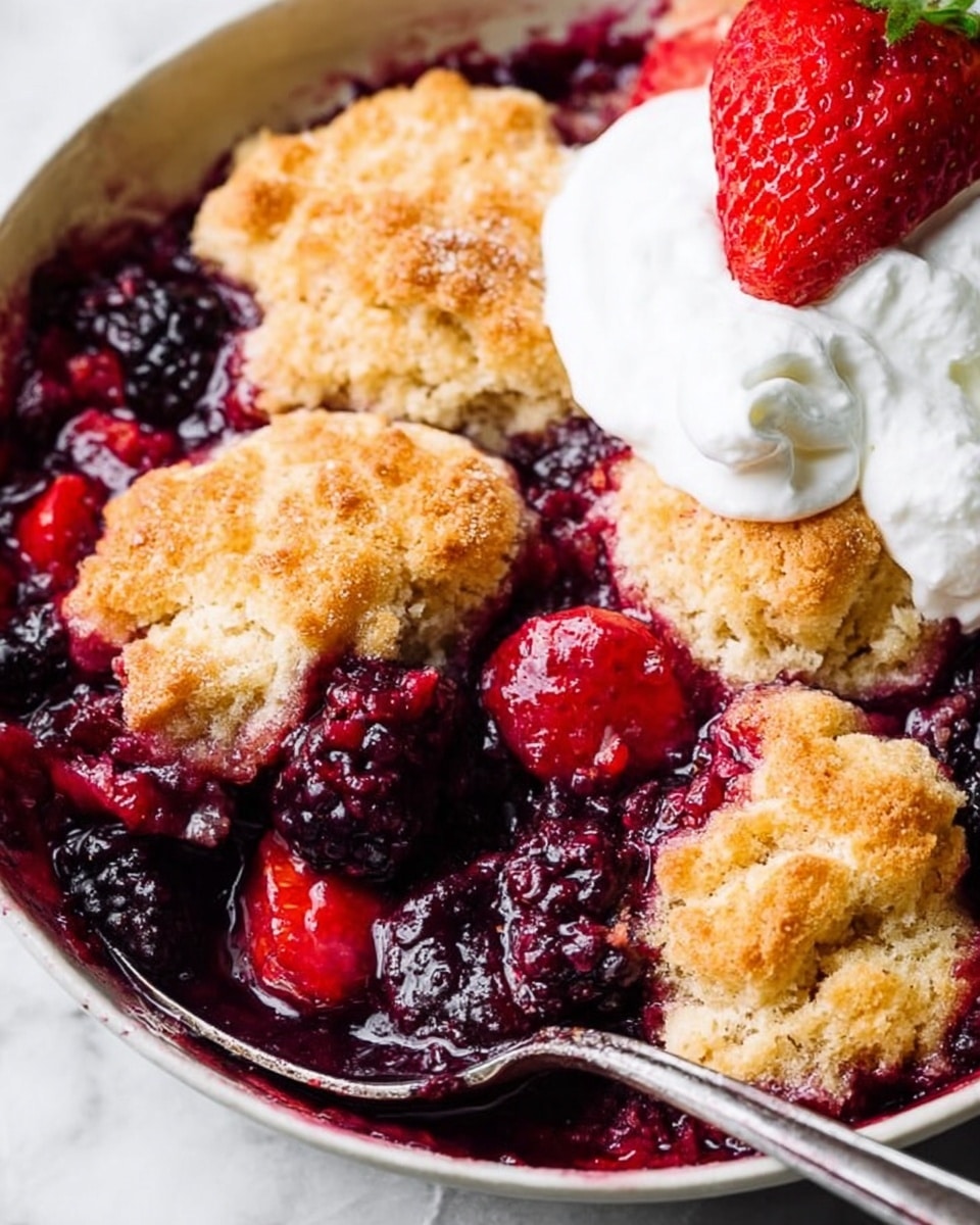 The image shows a close-up of a mixed berry cobbler served in a white bowl on a white marbled surface. The dish has a base layer of rich purple and red berries, including blackberries and raspberries, bubbling with juice. On top, there are several golden-brown biscuit-like pieces, browned with a crumbly texture. To the side, a dollop of white whipped cream is garnished with a vibrant red strawberry half that sits neatly on top. A silver spoon is partially inserted into the cobbler, scooping up some berries and biscuit. Photo taken with an iphone --ar 4:5 --v 7