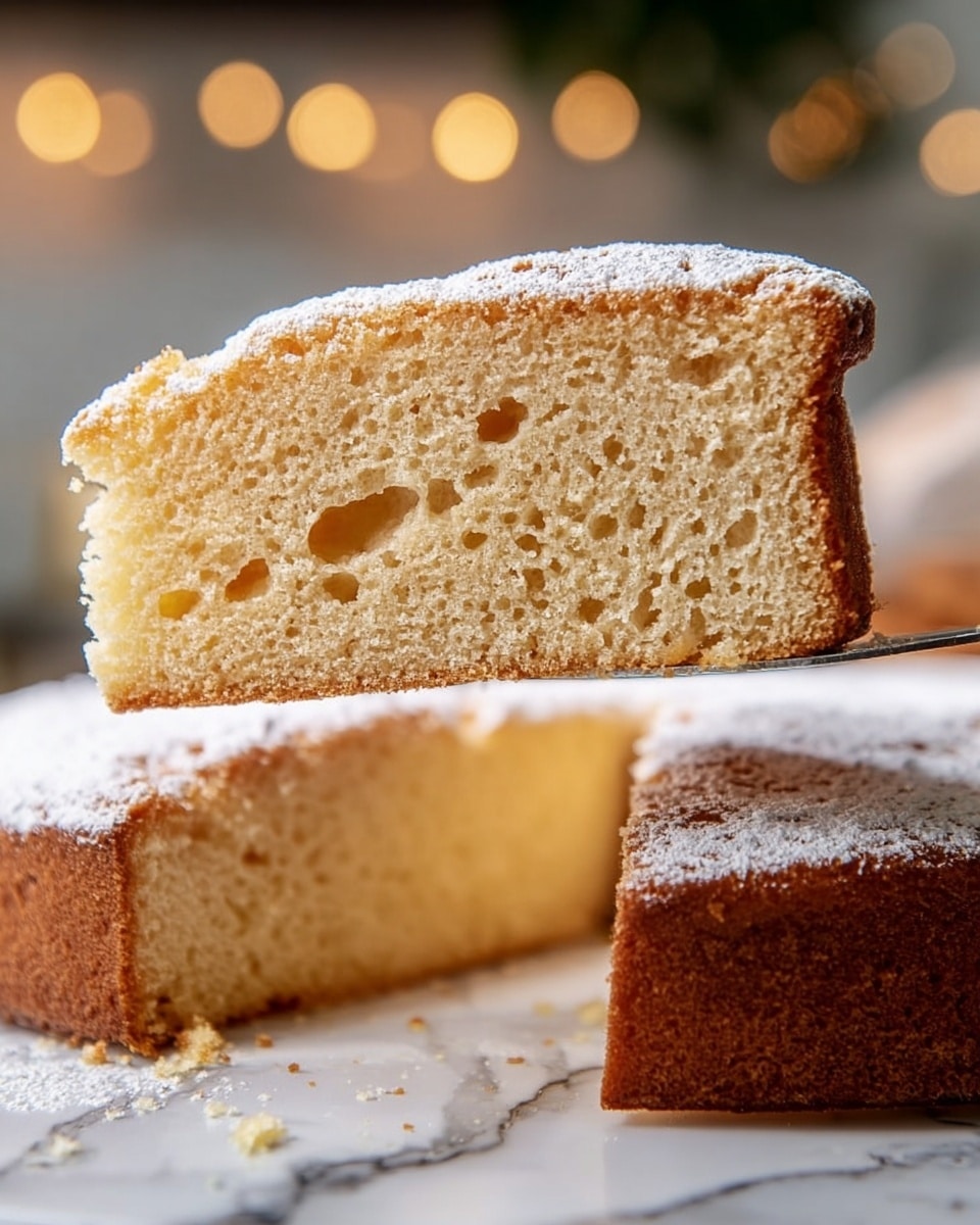 A close-up of a single slice of light golden cake with a soft, airy texture showing small holes throughout the crumb. The cake has one layer with a slightly darker baked crust on the top and bottom. It is dusted with a fine layer of white powdered sugar, covering the surface evenly. The slice is lifted above the rest of the cake, which also has a white powdered sugar top, all placed on a white marbled surface. The background is softly blurred, with warm lighting creating a cozy atmosphere. Photo taken with an iphone --ar 4:5 --v 7