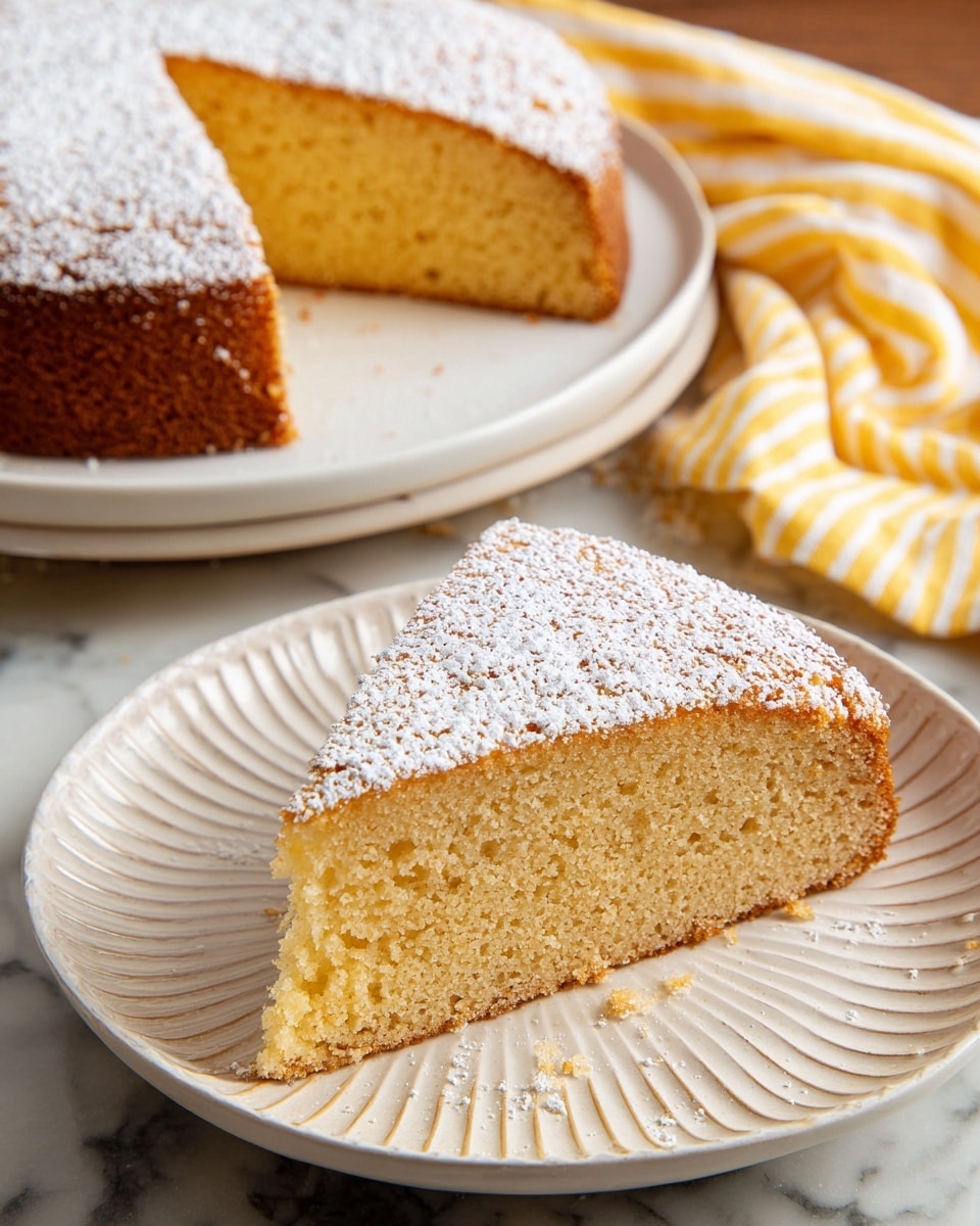 A single slice of a one-layer round cake is placed on a white plate with small decorative ridges along the edge. The cake slice is golden brown with a soft, moist texture and small air bubbles visible inside. The top of the cake is dusted lightly with powdered sugar, creating a thin white layer that contrasts with the light brown color of the cake. In the background, the rest of the whole cake with the same powdered sugar topping sits on another white plate. Next to the plate is a yellow and white striped cloth, all set on a white marbled surface. photo taken with an iphone --ar 4:5 --v 7