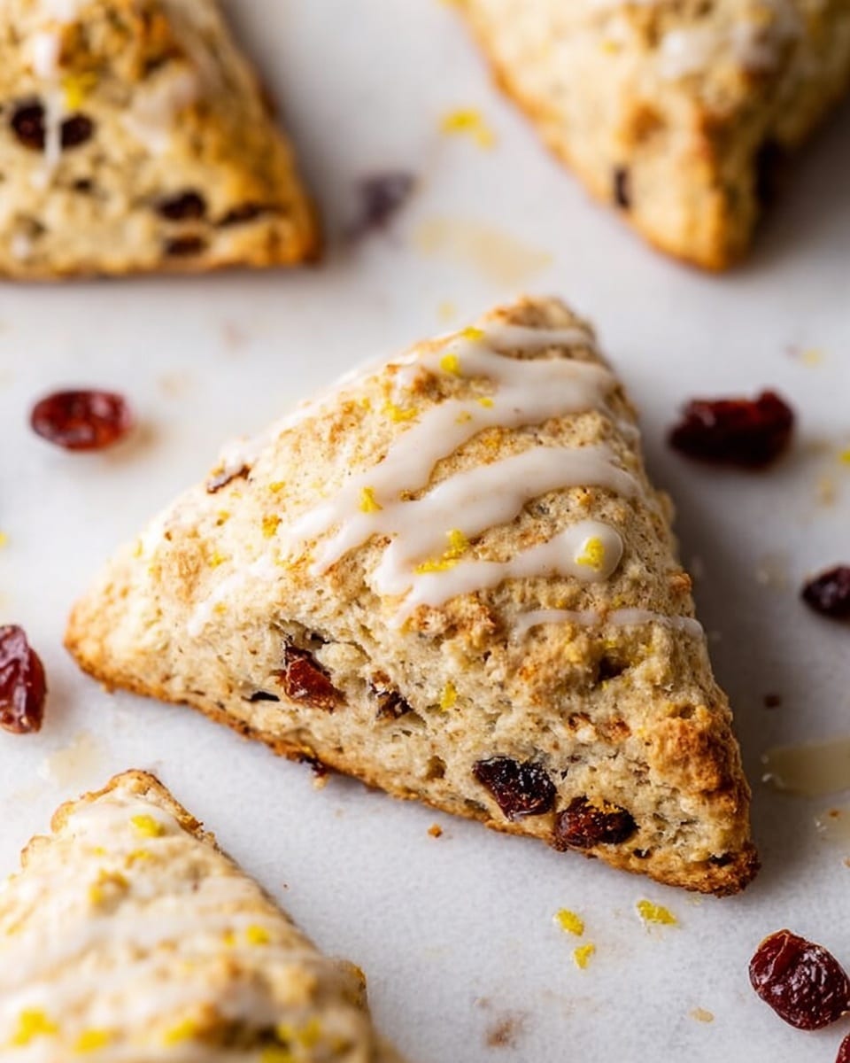 A round scone is cut into eight triangular pieces arranged in a circle on a white marbled surface. The scones have a golden brown crust with visible bits of dried cranberries and nuts throughout. There are small flecks of lemon zest sprinkled on top, adding a touch of yellow color. At the bottom left corner, a white bowl holds two lemons, one whole and one half lemon showing the bright yellow inside. The texture of the scones looks crumbly and slightly rough. photo taken with an iphone --ar 4:5 --v 7
