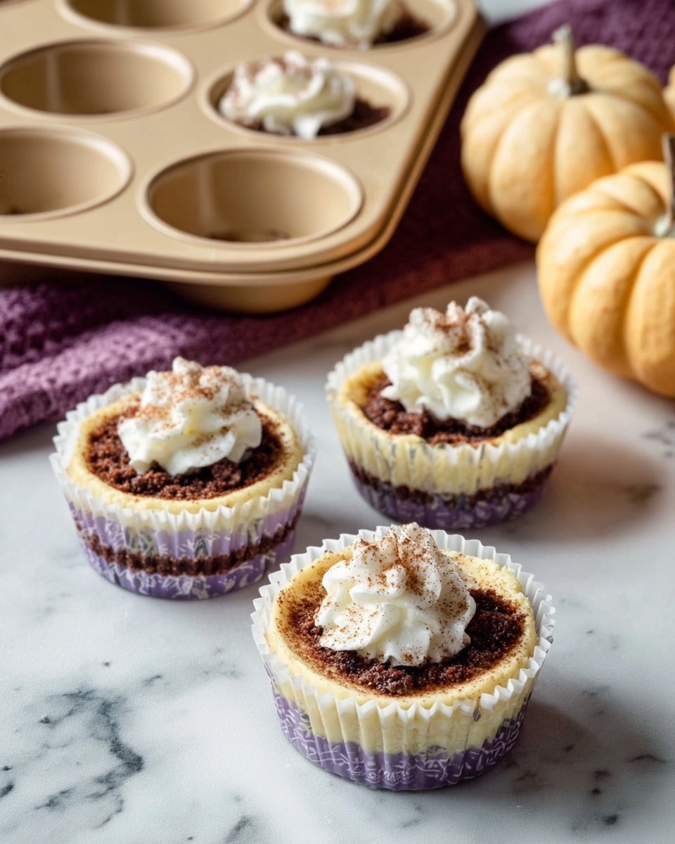 The image shows mini cheesecakes in white paper liners placed on a white marbled surface. Each cheesecake has three layers: a light cream-colored base, a dark crumbly topping scattered unevenly on top, and a dollop of white whipped cream in the center of each. There is a light dusting of a brown powder on the whipped cream and cheesecake tops. Six cheesecakes sit inside a gold muffin tray in the upper left, with three more outside the tray, fully visible. Two small, white pumpkins are placed on the right side of the image as decoration. The scene has soft lighting with warm tones. Photo taken with an iphone --ar 4:5 --v 7
