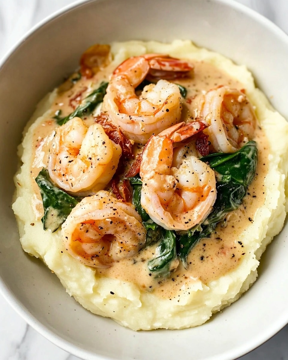 The dish shows a white bowl with two clear layers visible. The bottom layer is fluffy mashed potatoes with a soft, creamy texture and a pale off-white color. On top, there are cooked shrimp in a creamy sauce, which is light beige in color and smooth in texture. Mixed in the shrimp layer are dark green spinach leaves and pieces of reddish-orange sun-dried tomatoes, adding color contrast. The shrimp are pink-orange with a slightly shiny surface and some black pepper sprinkled on them. The background is a white marbled surface. Photo taken with an iphone --ar 4:5 --v 6.1