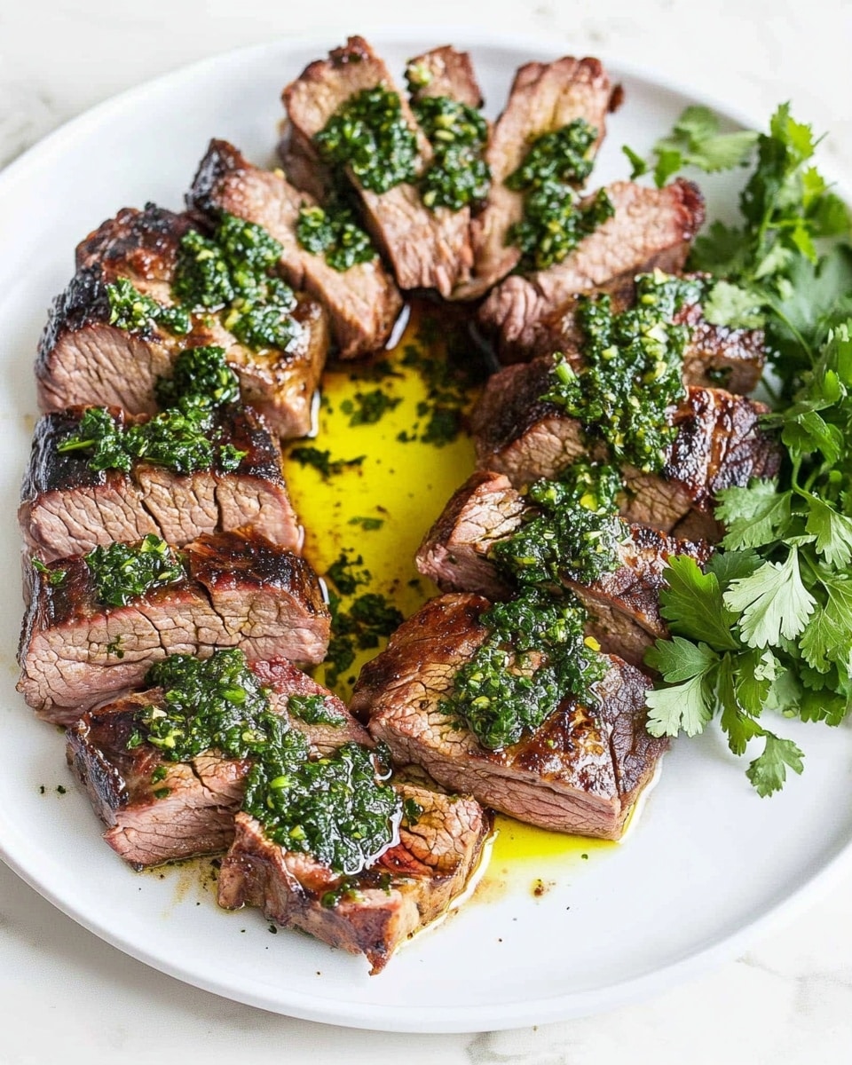 A white plate on a white marbled surface holds several pieces of cooked meat arranged in a curved line around the edge of the plate. The meat is thick with a brown, grilled outer layer and a pink center. Bright green, chopped herb sauce is spread unevenly on top of the meat pieces. Bright yellow oil and dark brown balsamic vinegar are drizzled in the center of the plate, creating a marbled effect. A small bunch of fresh green herbs, likely parsley or cilantro, rests to the right side of the plate. The photo taken with an iphone --ar 4:5 --v 6.1