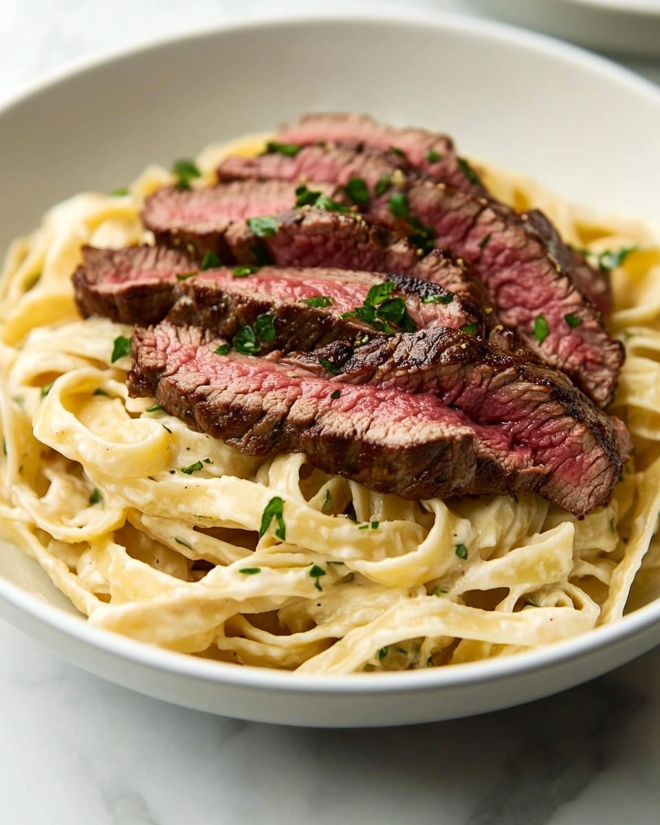 A white bowl holds a base layer of creamy, light beige fettuccine pasta neatly piled in the center. On top of the pasta, there are several slices of medium-rare steak with a pink center and a browned, slightly charred outer edge. The steak slices are arranged in a row, leaning slightly against each other. Both the pasta and steak are sprinkled with small green chopped herbs, adding a fresh pop of color. The bowl sits on a white marbled surface, and the photo has soft natural lighting that highlights the textures and colors. Photo taken with an iphone --ar 4:5 --v 6.1