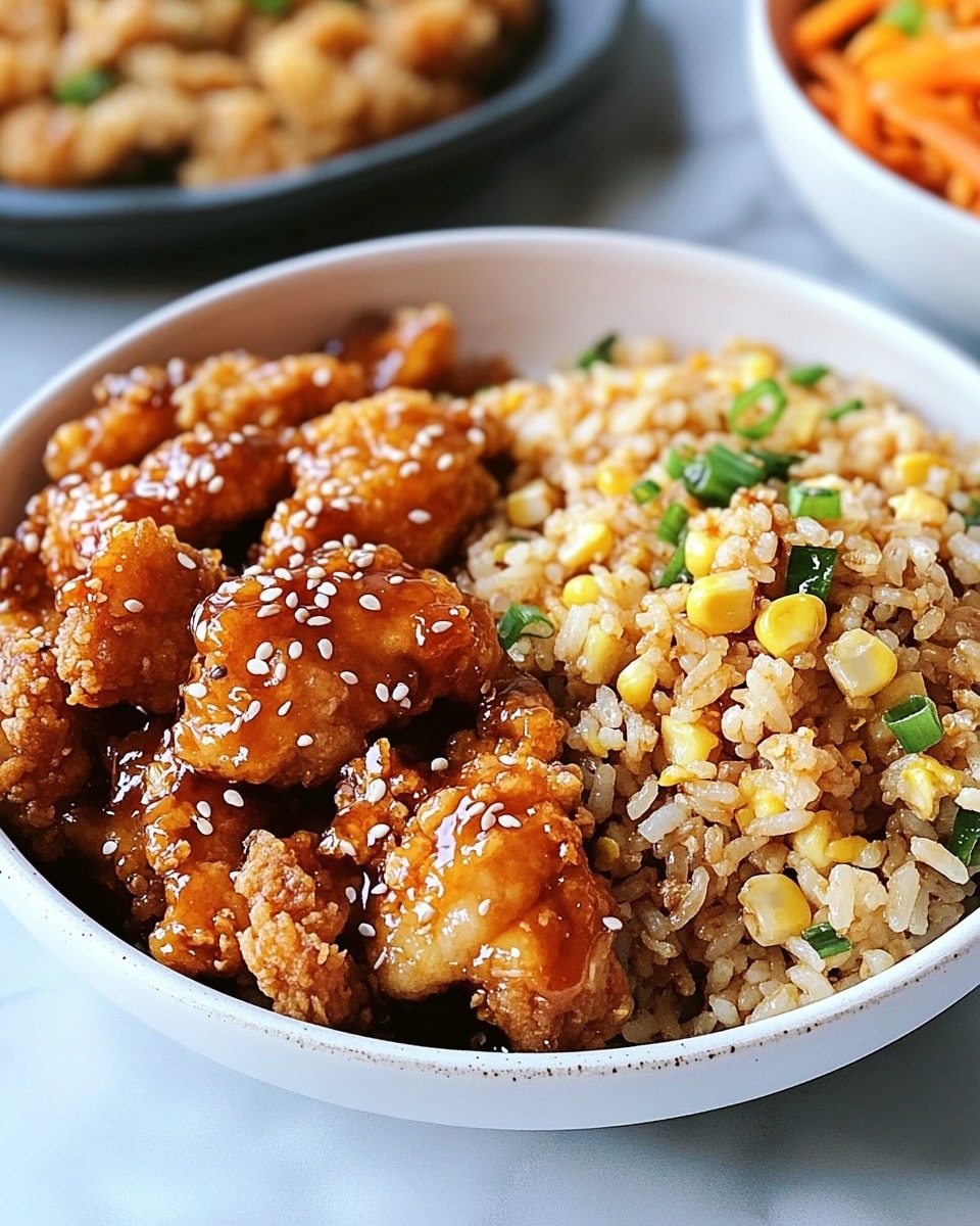 A round white bowl filled with two main parts: on the left side, there is a layer of golden-brown fried chicken pieces covered in a shiny, sticky orange glaze with white sesame seeds sprinkled on top and small green chopped scallions scattered over them; on the right side, there is a layer of fried rice mixed with small bits of yellow corn, orange carrots, light green scallions, and scrambled egg pieces, showing a mix of soft and slightly crispy textures. The bowl sits on a white marbled surface, and parts of two other plates, also with fried food, are visible blurred in the background. Photo taken with an iphone --ar 4:5 --v 6.1