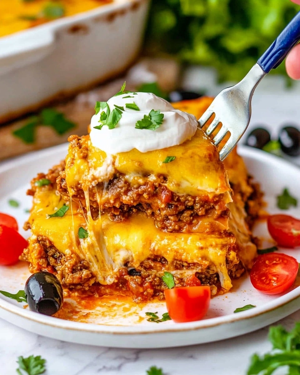 The image shows a layered dish served on a white plate with a white marbled surface underneath. The dish has three main layers: the bottom layer is a rich, brown minced meat sauce with visible chunks and a thick texture, the middle layer consists of melted bright yellow cheese that stretches as a fork lifts a portion, and the top layer is garnished with small, fresh green herbs and diced red tomatoes scattered across the surface. A dollop of white sour cream sits on top, adding contrast. A few black olive slices are placed around the plate. In the background, there is a white dish filled with the same baked layered dish, and some green leafy lettuce adds color to the scene. A silver fork with a blue handle, held by a woman's hand, lifts a serving of the food. photo taken with an iphone --ar 4:5 --v 6.1