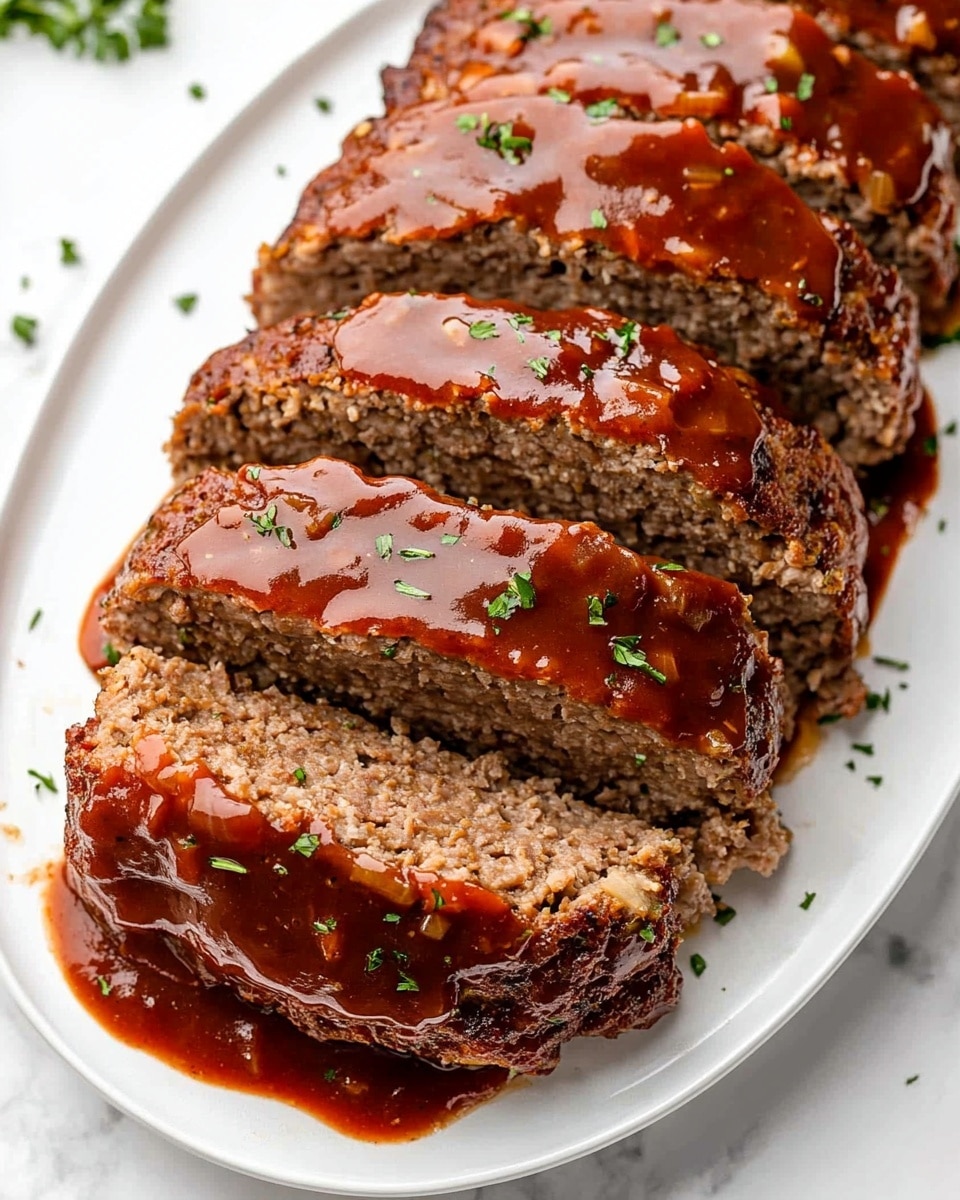 A white oval plate holds five slices of meatloaf arranged in a slightly overlapping line, showing a rough, crumbly, brown texture with visible bits of onion inside. Each slice is topped with a thick, glossy, bright red sauce spread evenly on top, with some sauce dripping down the sides. The meatloaf surface looks moist and has small flecks of green herbs sprinkled over it for garnish. The plate is set on a white marbled surface with scattered small green herb bits around. Photo taken with an iphone --ar 4:5 --v 6.1