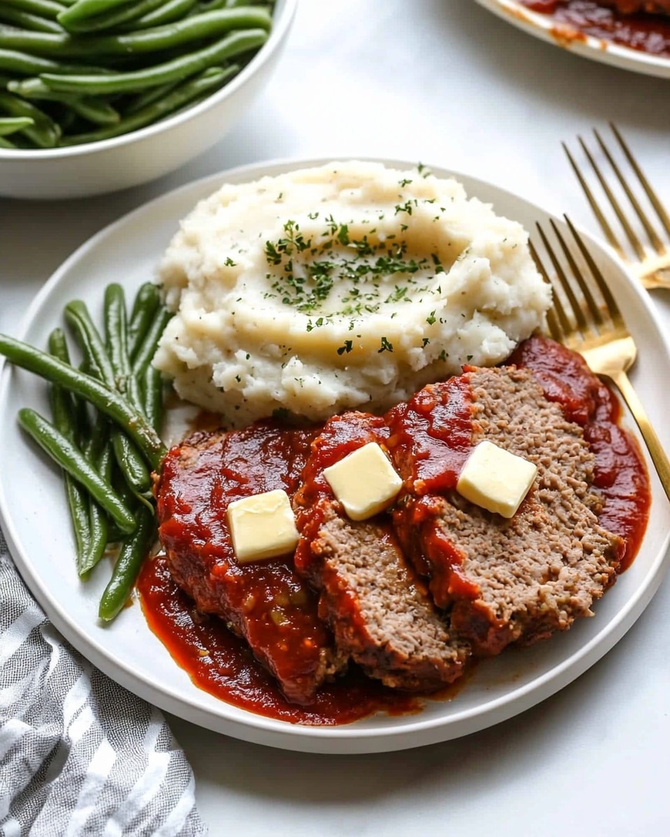 A white plate sits on a white marbled surface with three main sections: on the right, two thick slices of meatloaf covered in red sauce and sprinkled with green herbs; in the middle, a large mound of creamy mashed potatoes topped with two small square pats of butter and black pepper; on the left, a neat pile of green cooked green beans. A gold fork rests on the right side of the plate, and a striped grey and white napkin is placed on the left side on the marble surface. In the background, there is a small bowl of extra mashed potatoes and another white dish with a whole meatloaf covered in red sauce with green herbs. Photo taken with an iphone --ar 4:5 --v 6.1