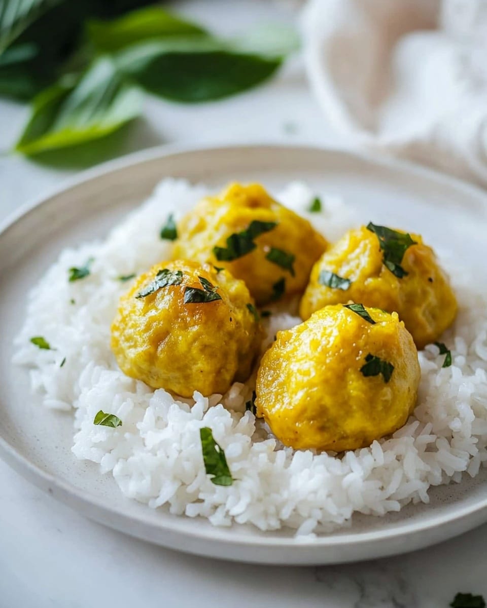 The image shows a white plate with a layer of fluffy white rice spread evenly, creating a soft textured base. On top of the rice, there are four golden-yellow round dumplings, each with a slightly rough surface and garnished with small green leaf pieces and tiny bits of onion, adding texture and color contrast. The background is a white marbled surface with green leaves scattered slightly out of focus, and a blurred light cloth is seen in the upper part of the image. The lighting highlights the warm tones of the dumplings and the pure white of the rice, giving the dish a fresh and inviting look. photo taken with an iphone --ar 4:5 --v 6.1