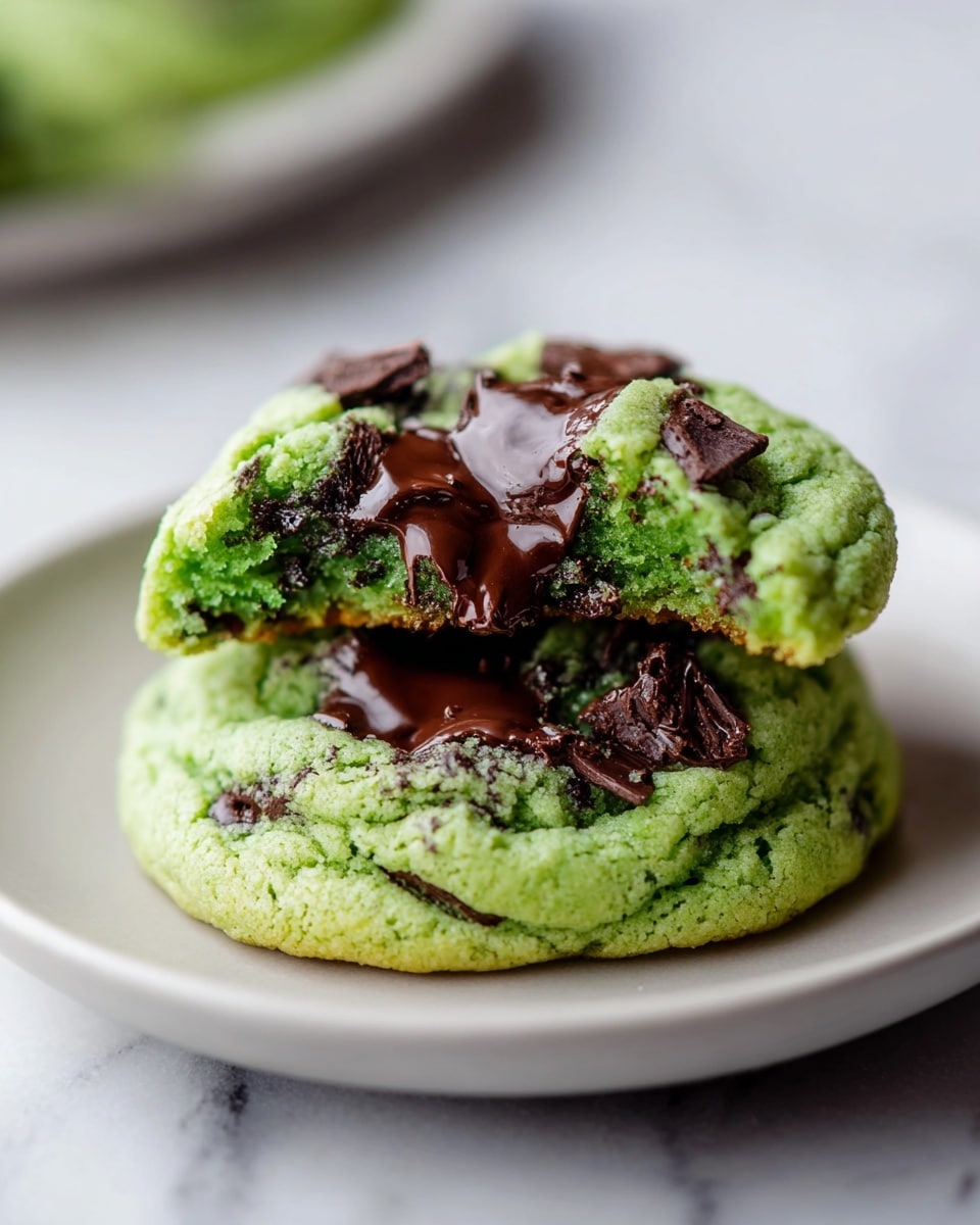 The image shows a close-up of six bright green cookies with melted dark chocolate pieces mixed into the dough, arranged on a white marbled surface. The cookies have a soft, slightly crumbly texture with many chocolate patches melted on top and inside each one. In the top left corner, there is a small white cup filled with dark chocolate chips, with a few chocolate chips scattered around the surface. The overall scene looks fresh and inviting with small chocolate crumbs scattered loosely, adding a casual touch. Photo taken with an iphone --ar 4:5 --v 7