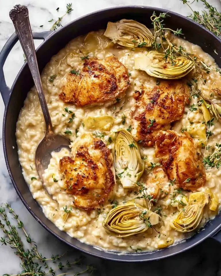 One Skillet Creamy Artichoke Chicken Marsala and Orzo Recipe