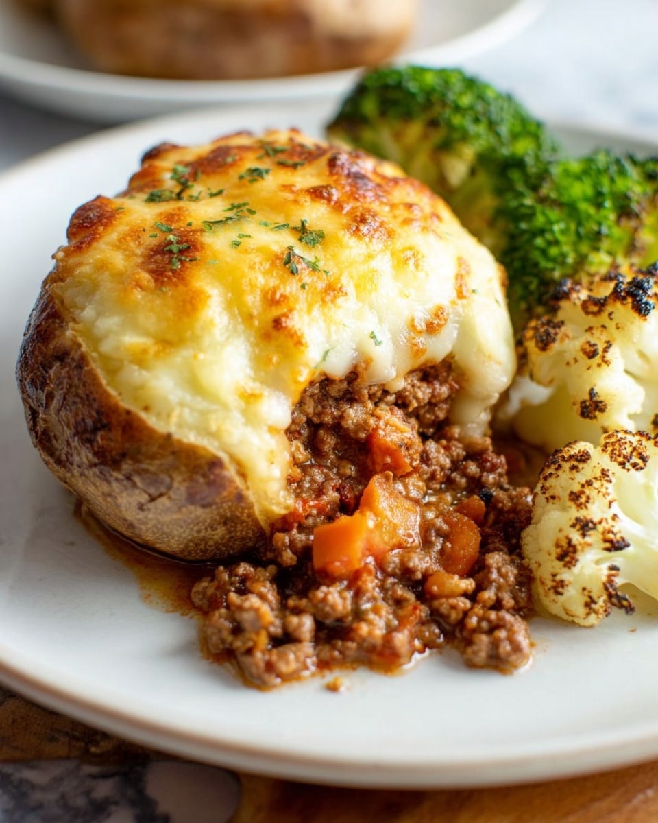 A white plate on a white marbled surface holds a stuffed baked potato with three main layers: the bottom layer is a soft baked potato skin; the middle layer is a mixture of ground meat and diced carrots spilling out onto the plate with a brown and orange color; the top layer is a thick, bubbly melted cheese, golden brown with some darker toasted spots, covering the filling and part of the potato’s top. On the side, there are roasted green broccoli and white cauliflower pieces with slightly charred edges. Photo taken with an iphone --ar 4:5 --v 7