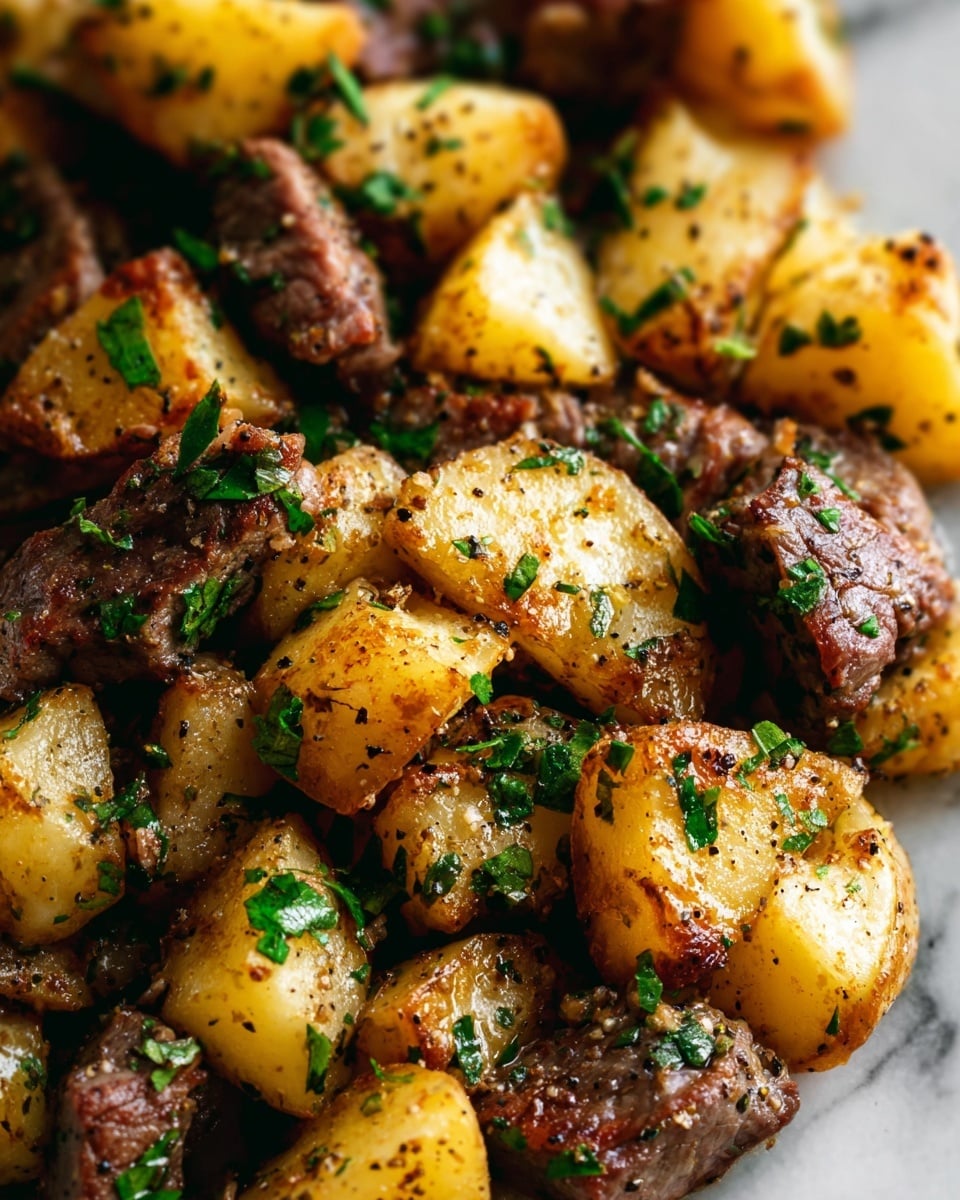 A matte gray bowl filled with two main layers: the first layer consists of golden-yellow roasted potato halves and wedges that have a slightly crispy browned edge, and the second layer features tender, browned beef meat chunks scattered evenly among the potatoes. Both layers are sprinkled with small green herb pieces, adding fresh color and texture. A silver fork rests partially inside the bowl at the bottom right, with potato pieces around it. The bowl sits on a white marbled surface with a soft gray cloth partially visible under the left side. Photo taken with an iphone --ar 4:5 --v 7