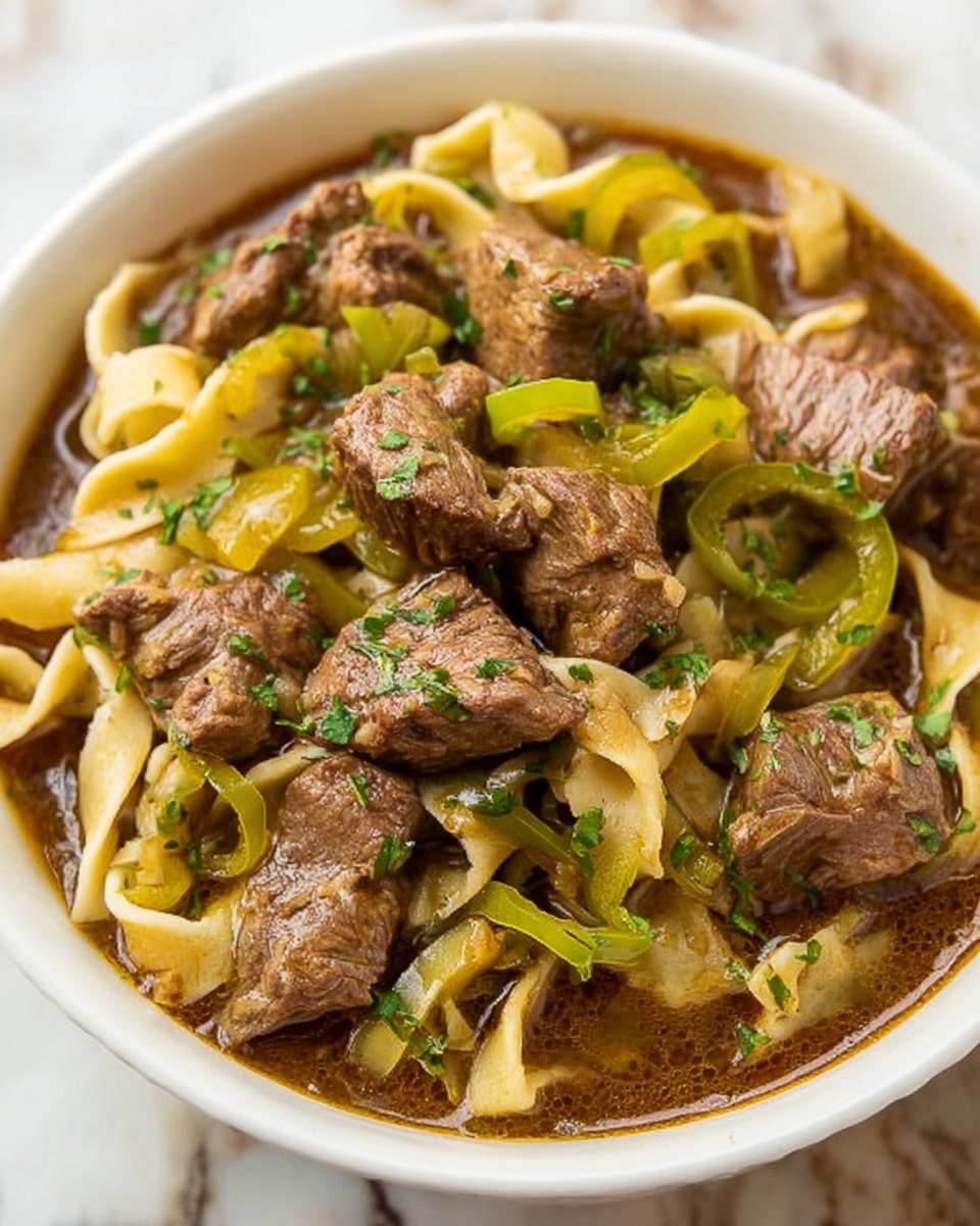 The image shows a close-up of a pot filled with a rich beef stew. The dish has three main layers: thick brown beef chunks scattered throughout, wide flat noodles that are soft and light beige woven in between, and bright light green sliced peppers spread on top. A woman’s hand holds a wooden spoon stirring the stew, revealing the hearty sauce that coats all elements with a glossy texture. The pot sits on a white marbled surface. photo taken with an iphone --ar 4:5 --v 7