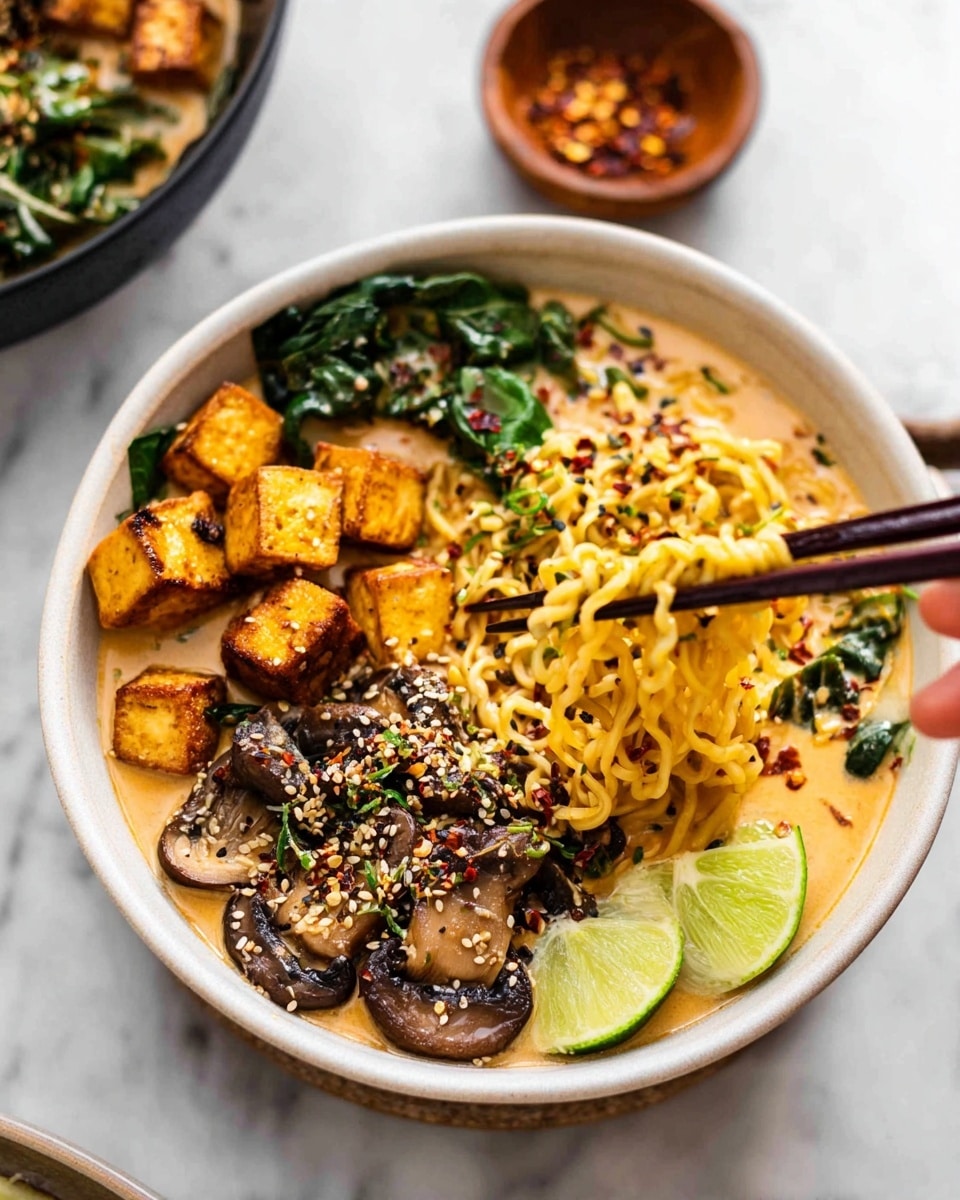 A black bowl filled with three main layers: the bottom layer is a creamy orange broth, the middle layer has light yellow noodles arranged loosely with some lifted by two dark brown chopsticks resting on the right side, and the top layer includes golden brown tofu cubes on the left, grilled mushrooms with dark grill marks in the center, green herbs, white sesame seeds, black sesame seeds, and red chili flakes sprinkled over everything; a green lime wedge sits on the top left edge of the bowl. The bowl is placed on a white marbled surface. Photo taken with an iphone --ar 4:5 --v 7