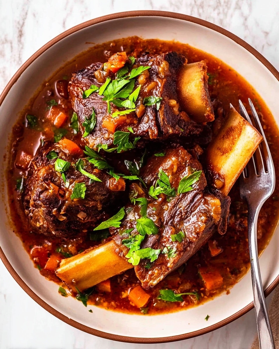In a white bowl with a brown rim, there are three large pieces of cooked meat with bones, dark brown and tender-looking, sitting in a thick reddish-brown sauce that fills the base of the bowl. The sauce has visible small pieces of orange carrots and green herbs mixed throughout, adding texture and color. A silver fork rests on the right side of the bowl, partially dipped into the sauce. Fresh green parsley leaves are scattered on top of the meat and sauce for garnish. The bowl is placed on a white marbled surface. Photo taken with an iphone --ar 4:5 --v 7