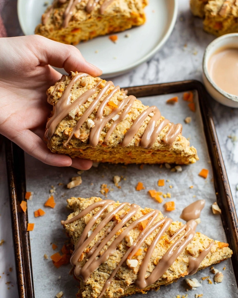 A close-up of two triangular scones with a golden-brown, crumbly texture on a baking tray lined with white parchment paper. Each scone is topped with light brown icing drizzled in parallel lines and sprinkled with small pieces of chopped nuts. Small bits of orange carrot and crumbs are scattered around the scones on the tray. A woman’s hand is gently holding one scone from the left side. In the background, there is a white plate with more scones partially visible. The setting is on a white marbled surface. photo taken with an iphone --ar 4:5 --v 7