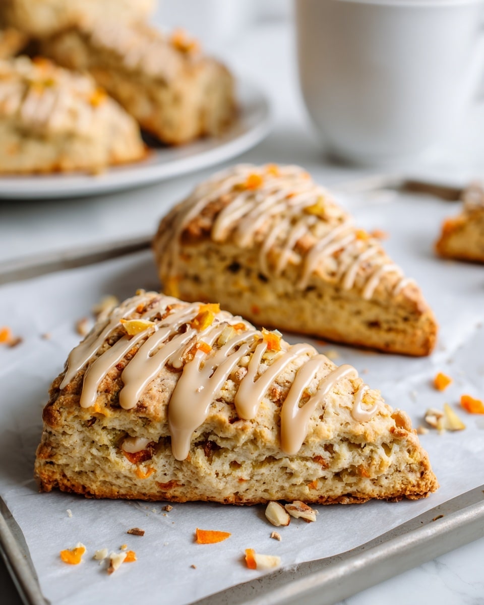 A square piece of carrot cake with a light brown color showing bits of orange carrot inside sits on a white plate. The cake has a thick drizzle of creamy light brown frosting with small nut pieces sprinkled on top. A gold fork is holding a small bite of cake with some frosting dripping off, positioned to the right of the cake. Around the plate are small nut crumbs, and in the background, two whole carrots lay on a dark wooden surface. The photo is taken with an iphone --ar 4:5 --v 7