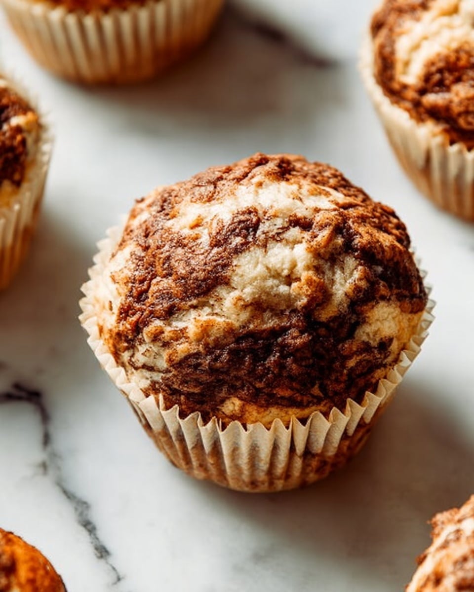 A close-up view of a single muffin resting inside a beige paper liner, showing a textured top with swirls of light cream and rich brown colors mixed together in an uneven pattern. The muffin's surface is bumpy and slightly cracked, giving it a rustic look. The background is a white marbled surface with soft natural light highlighting the muffin’s details. Around the main muffin, parts of other muffins in similar liners are visible at the edges of the image. photo taken with an iphone --ar 4:5 --v 7