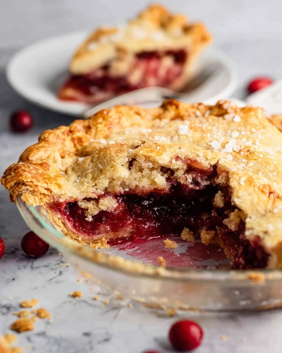 A slice of pie is on a white plate with a shiny silver fork next to it. The pie has two main layers: the top and bottom crusts, which are golden-brown and flaky with some small crust pieces on top, and the middle filling, which is thick, dark red, and full of cooked berries giving it a juicy, slightly bumpy texture. A single red berry lies on the plate near the slice. Behind the plate, there is the rest of the pie in a clear glass pie dish, showing the same golden crust on top with a crimped edge. The background is a white marbled surface with some scattered red berries and a white cloth with thin dark stripes. photo taken with an iphone --ar 4:5 --v 7