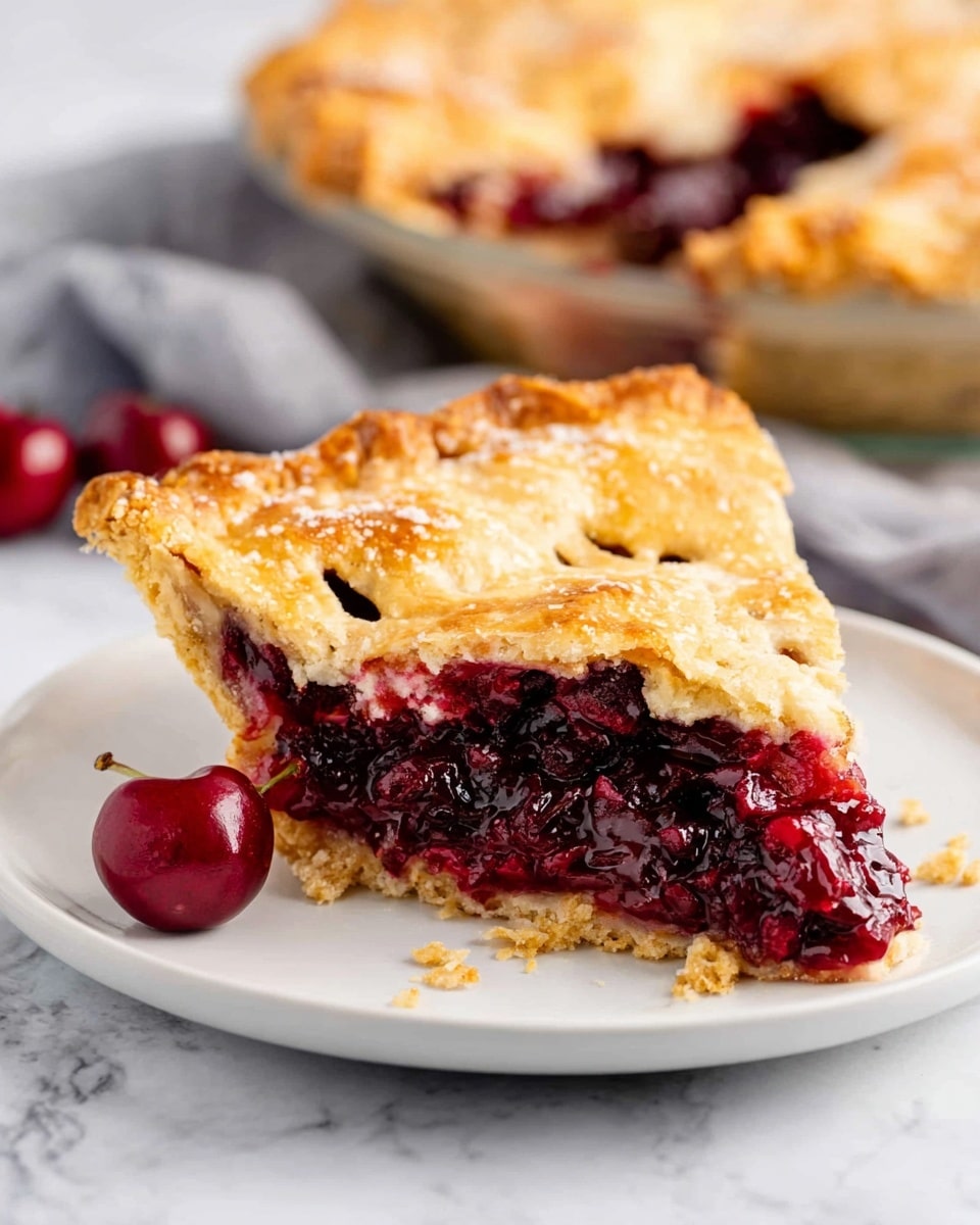 The image shows a slice of cherry pie with three main layers on a white plate. The bottom layer is a lightly browned pie crust with a crumbly texture. The middle layer is dark red and juicy cherry filling, thick and glossy with visible cherry pieces. The top layer is a golden-brown crust with a slightly crunchy surface and a few small holes. A whole cherry with a deep red color sits next to the slice on the plate. In the background, part of the full pie with a similar crust is visible, all set on a white marbled surface. Photo taken with an iphone --ar 4:5 --v 7