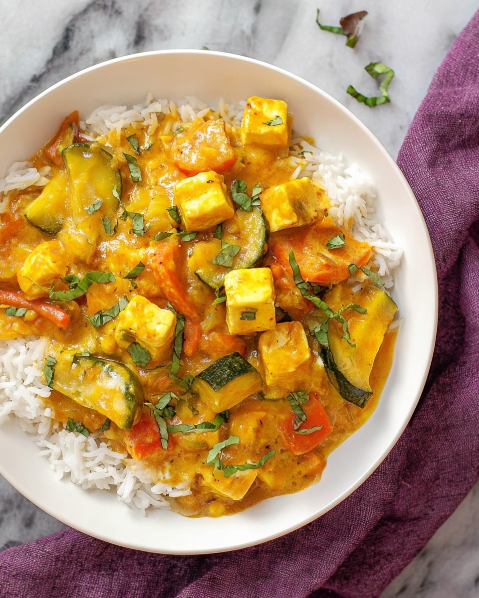 A close-up of a deep black pan filled with a creamy orange curry that has small white cubes of tofu spread throughout. The curry contains chunks of yellow potatoes, thin slices of green celery, orange bell pepper pieces, and scattered bright green basil leaves, all mixed into the sauce with some red chili flakes sprinkled on top. The creamy texture of the curry contrasts with the solid tofu cubes and colorful vegetable pieces, resting on a white marbled surface with a folded purple cloth partly visible near the pan’s handle. photo taken with an iphone --ar 4:5 --v 7