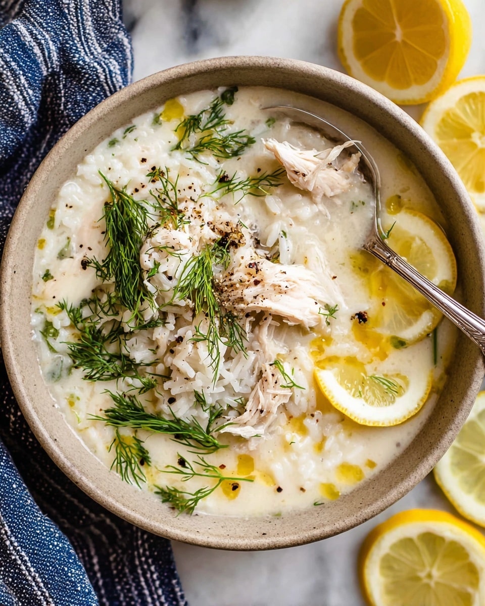 A white bowl filled with three main layers: the bottom layer is a creamy thick white porridge with a smooth texture; the middle layer has strips of light beige shredded chicken placed on top of the porridge; the top layer includes small green fresh herb sprigs scattered evenly with drops of yellow olive oil, sprinkled black pepper, and a silver spoon resting inside the bowl. The bowl is set on a white marbled surface with a half lemon wedge and a blue and white striped cloth nearby. Photo taken with an iphone --ar 4:5 --v 7