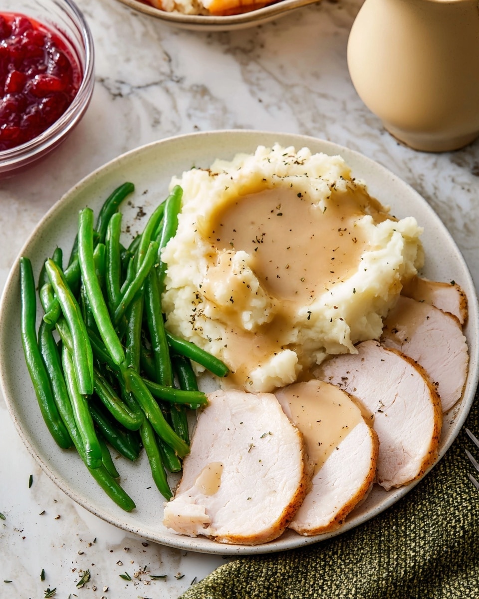 A white plate holds a meal with three main parts: four slices of light pink cooked turkey stacked and spread out along the bottom left side, a mound of creamy mashed potatoes topped with two pools of pale brown gravy and visible black pepper sprinkled on top in the center, and a pile of vibrant green cooked green beans placed at the top of the plate. The plate sits on a white marbled surface, with a glimpse of a beige pitcher with some light brown liquid in the top right corner and a glass bowl with red sauce in the top left. A textured green cloth is partially visible at the bottom right edge. Photo taken with an iphone --ar 4:5 --v 7