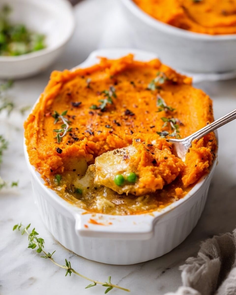 The image shows a small white oval dish filled with a layered casserole. The top layer is mashed orange sweet potato with a smooth, slightly textured surface and a few small brown spots, indicating it is baked. Below this top layer is a thick, creamy layer of mixed filling that includes visible light brown sauce, green peas, and pieces of white meat. A silver spoon is inside the dish, scooping out some filling, showing the layers clearly. The dish is placed on a white marbled surface, with some herbs and a pink cloth nearby. The photo is taken with an iphone --ar 4:5 --v 7