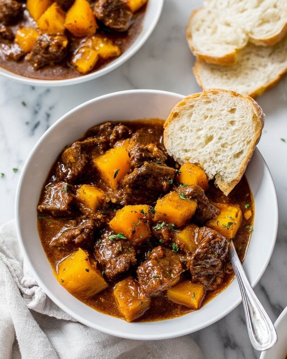A white bowl filled with two layers: the bottom layer is a rich, brown stew with chunks of tender meat mixed with bright orange cubed vegetables, likely squash. The stew has a slightly glossy texture, with some visible herbs sprinkled on top for garnish. Resting in the bowl is a silver spoon, partially submerged in the stew. Next to the bowl are two slices of white bread with a soft texture. In the background, there is another bowl with the same stew, all placed on a white marbled surface with a cloth napkin at the lower left corner. photo taken with an iphone --ar 4:5 --v 7