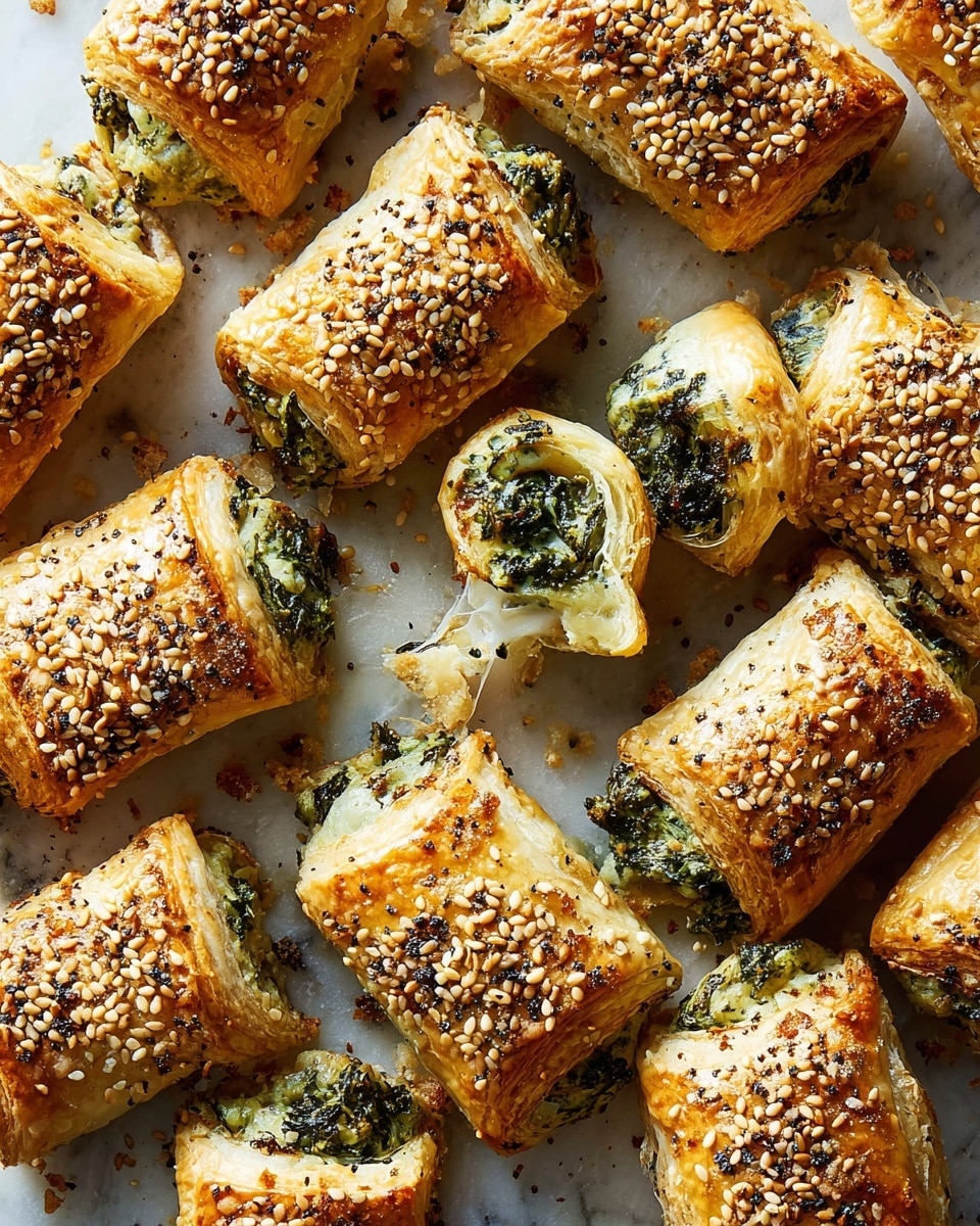 The image shows a close-up of several small golden-brown pastry rolls on a white marbled surface, each topped with a mix of toasted sesame seeds and spices, giving a speckled texture on top. Each roll is rectangular and about two layers thick, with a flaky, crispy outer layer, and green spinach and cheese filling oozing slightly from the sides. One roll is broken open in the center, revealing the soft, creamy, and leafy filling inside. Around the rolls, there are scattered toasted seeds and spices creating a rustic look. Photo taken with an iphone --ar 4:5 --v 7