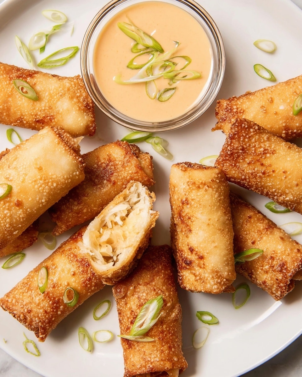 The image shows a white plate with eight golden brown fried spring rolls arranged around a clear glass bowl filled with a creamy, light orange dipping sauce, topped with thin green onion slices. One spring roll is broken open to reveal a light-colored filling inside. The spring rolls have a crispy texture with small bubbles on the surface. Some scattered green onion slices are placed on the plate near the spring rolls. The plate sits on a white marbled surface. Photo taken with an iphone --ar 4:5 --v 7