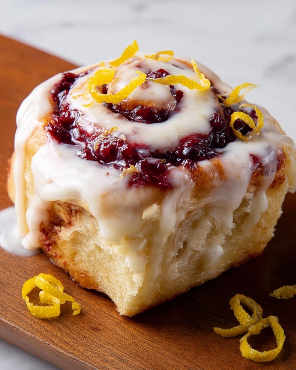 A soft cinnamon roll with three visible layers: a light golden-brown dough base, a thick swirl of dark red berry jam in the middle layer, and a top layer coated in white creamy icing that flows slightly down the sides. Bright yellow lemon zest curls are placed on top and beside the roll. The roll sits on a wooden board with a white marbled background. photo taken with an iphone --ar 4:5 --v 7
