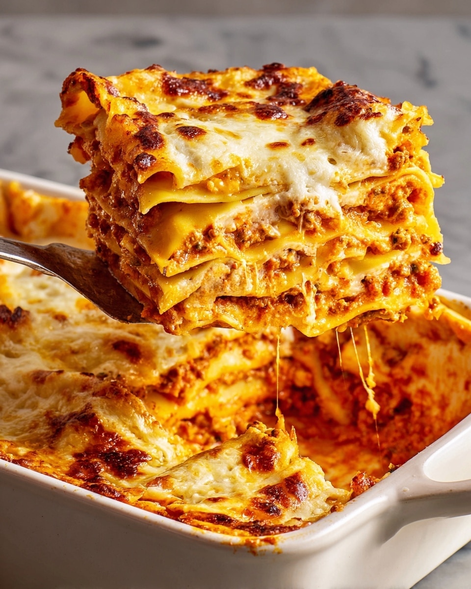 The image shows a close-up of a white rectangular baking dish filled with a four-layer lasagna. Each layer alternates between creamy white cheese sauce and orange-red tomato sauce with visible bits of cooked onion or vegetables. The top layer is generously covered with melted, browned cheese that has a golden, slightly crispy texture. A metal spatula is lifting one square piece, clearly showing the distinct layers and the gooey texture of the cheese on top. The dish rests on a white marbled surface. photo taken with an iphone --ar 4:5 --v 7