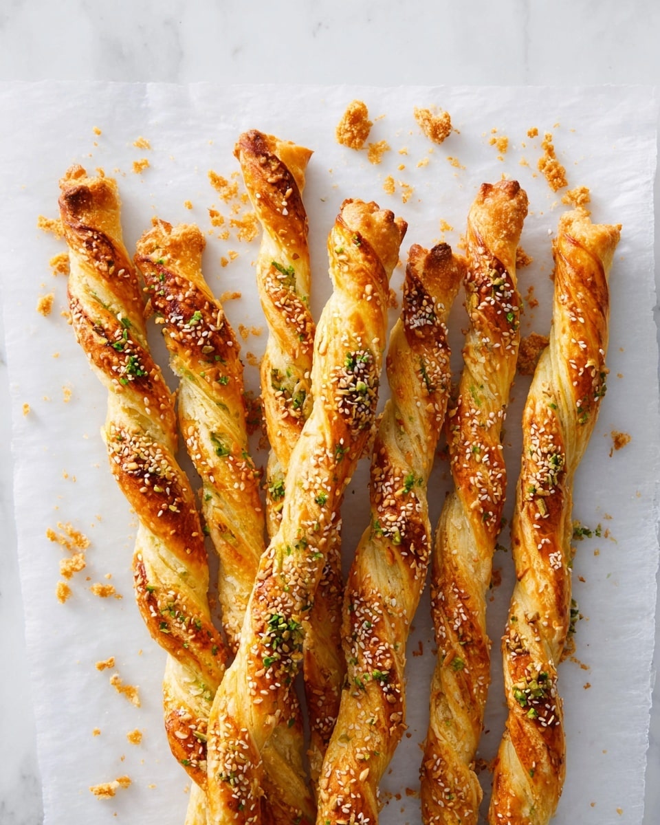 The image shows a clear glass jar filled with long, twisted breadsticks that are golden brown and sprinkled with sesame seeds. Each breadstick has a flaky, crispy texture and some green herb bits baked into the dough. The jar is placed on a white marbled surface, with a few more breadsticks lying around it. The breadsticks stand tall and close together inside the jar, showing their rough and uneven twisted shapes. photo taken with an iphone --ar 4:5 --v 7
