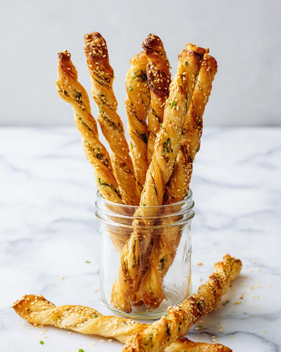The image shows a group of eight twisted pastry sticks laid on white parchment paper over a white marbled surface. Each stick is golden brown with a baked, flaky texture visible in multiple layers. Some twists have small pieces of green herbs and sesame seeds sprinkled on top, adding specks of white and green color to the golden brown surface. The sticks vary slightly in thickness and browning, with some darker spots where the pastry is crispier. There are also a few smaller broken pieces of pastry scattered around the main sticks. Photo taken with an iphone --ar 4:5 --v 7