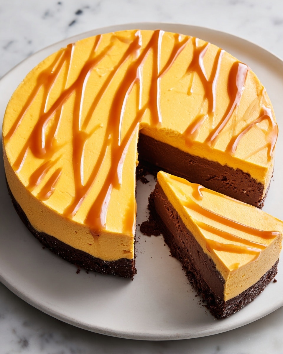 A round two-layer cake sits on a white plate over a white marbled surface. The bottom layer is dark brown and looks rich and dense, while the top layer is a smooth, bright orange with a creamy texture. The orange layer has thick caramel-colored drizzle lines running across it in an even pattern. One slice is cut and laid flat next to the cake, showing the clear division between the two layers and the caramel drizzle continues on the slice. Photo taken with an iphone --ar 4:5 --v 7