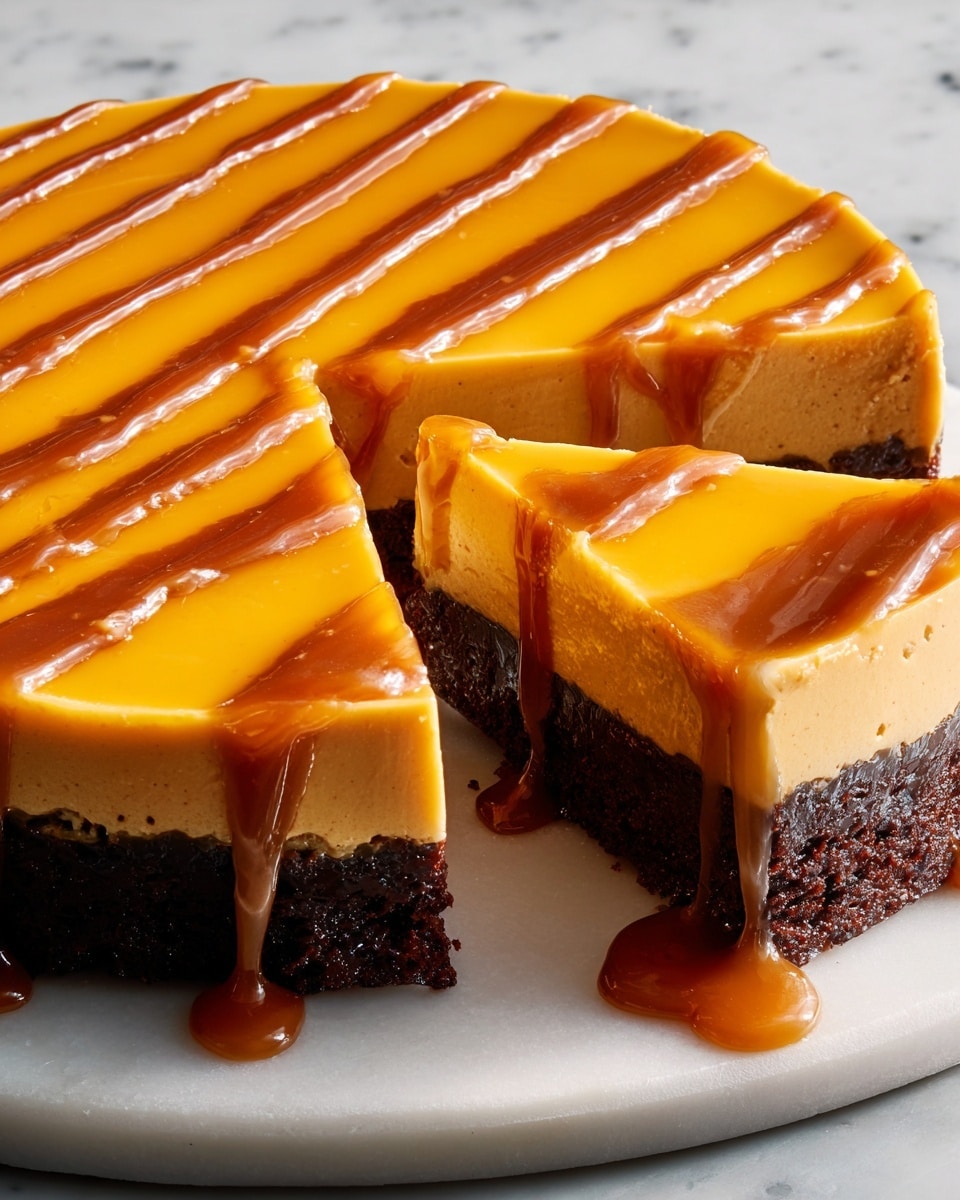 The image shows a round dessert with two clear layers on a white marble surface. The bottom layer is dark brown with a rich, dense texture, while the top layer is thick, smooth, and bright orange. A shiny, glossy caramel sauce is drizzled in diagonal stripes across the top, with some of the caramel dripping down the sides and pooling slightly on the surface. One slice is fully cut out and slightly pulled forward, showing the sharp edges and contrast of the two layers. Photo taken with an iphone --ar 4:5 --v 7