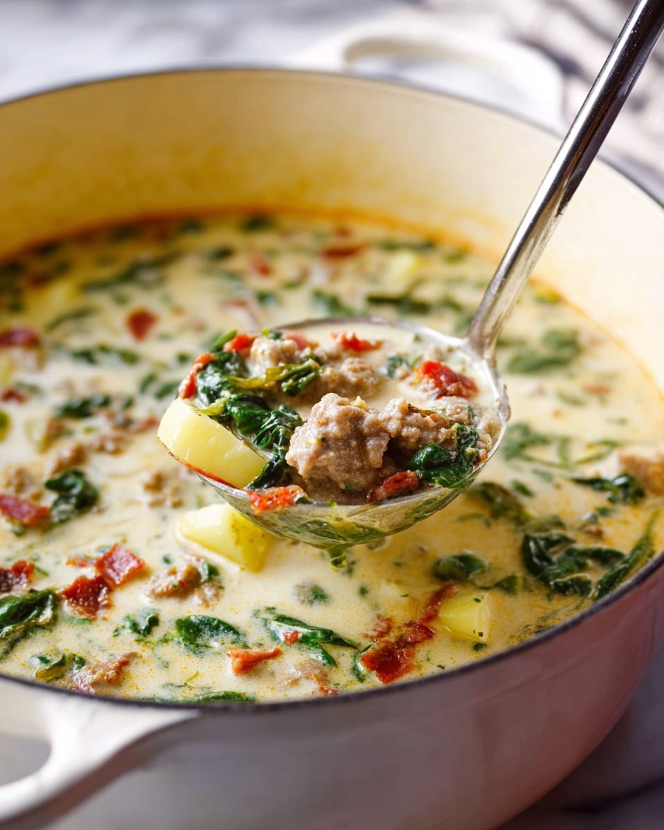A large white pot filled with a creamy soup that has three main layers: chunks of light brown sausage, bright green spinach leaves, and small orange-red bits of bacon floating in a thick white cream base. A silver ladle is scooping up the soup, showing pieces of sausage, spinach, bacon, and a small slice of yellow potato. The pot is placed on a white marbled surface, and the background is softly blurred, focusing on the rich texture and colors of the soup. photo taken with an iphone --ar 4:5 --v 7