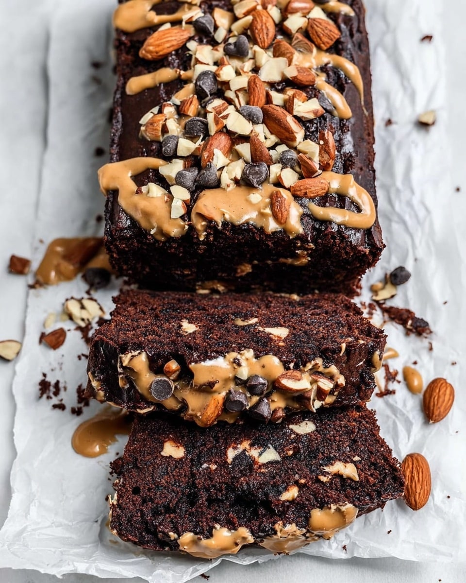 A dark chocolate loaf cake with a slightly rough texture sits on crinkled white paper on a white marbled surface. The top layer is thick and dark with a glossy drizzle of light brown peanut butter sauce trickling over it. Scattered on top are whole and chopped almonds along with small dark chocolate chips adding crunch and color contrast. Two thick slices are cut from the loaf, revealing a dense, moist interior with visible chocolate chips inside. The overall presentation shows a rich, inviting dessert with multiple layers of dark brown cake, nuts, and peanut butter drizzle. Photo taken with an iphone --ar 4:5 --v 7