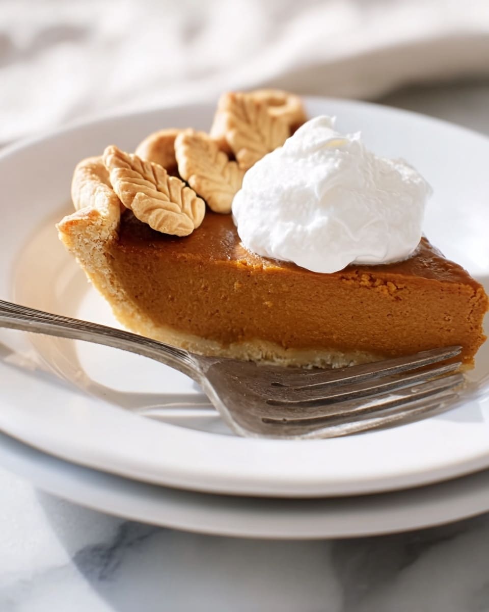 A round pumpkin pie in a white plate with a crimped edge crust that looks golden and slightly flaky. The surface of the pie is smooth, deep orange pumpkin filling with a matte finish. On top, there are three small, baked dough shapes in the center resembling pumpkins, arranged above the word