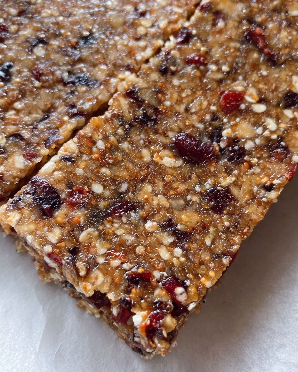 A close-up view of a single thick layer energy bar on white parchment paper, showing a textured mix of light brown oats, small dark red dried fruit pieces, and small nut bits evenly spread throughout. The surface is rough and slightly shiny, indicating a sticky binder holding the ingredients together. The edges are straight and clean, forming a perfect rectangular shape. Photo taken with an iphone --ar 4:5 --v 7