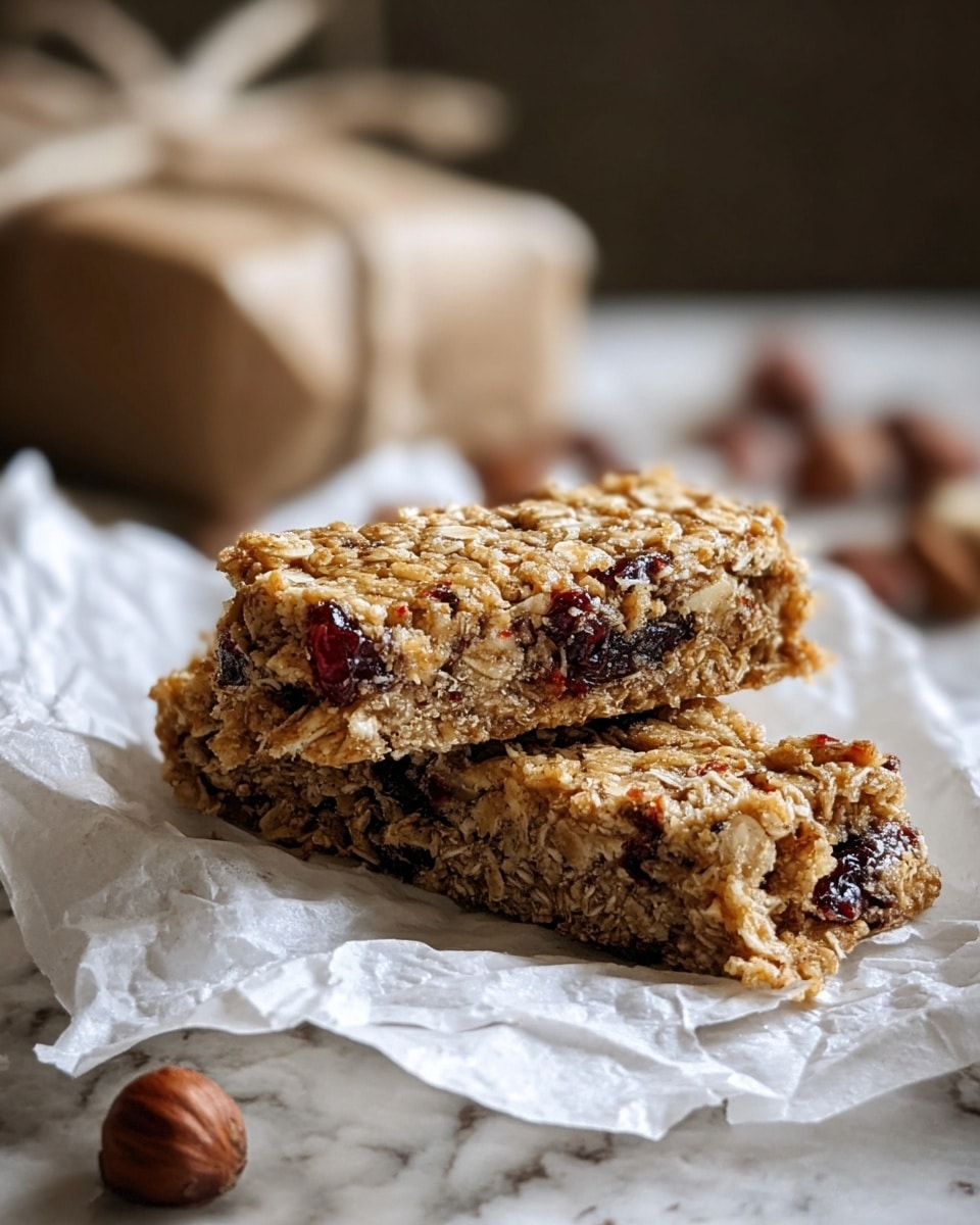 The image shows two rectangular oat and nut bars stacked on a piece of white parchment paper. The bars have a light brown color with visible darker spots from dried fruit and nuts mixed inside. The texture looks dense and sticky with a slightly shiny surface. In the background, there is a blurry white marbled surface with whole nuts scattered around, and a wrapped oat bar tied with string. The photo is taken with an iphone --ar 4:5 --v 7