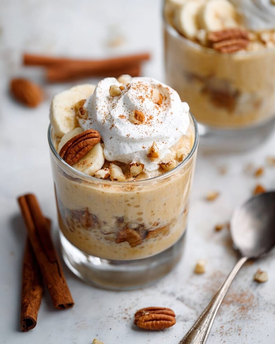 The image shows a clear glass filled with three visible layers: the bottom layer is a creamy beige pudding mixed with small pieces of nuts, the middle layer consists of thin banana slices arranged along the side of the glass, and the top layer is a dollop of white whipped cream sprinkled lightly with cinnamon powder and small nut pieces. The glass is placed on a white marbled surface with two cinnamon sticks and scattered nuts around it, and part of a silver spoon lies to the right. In the background, a second glass with a similar dessert is slightly blurred. Photo taken with an iphone --ar 4:5 --v 7