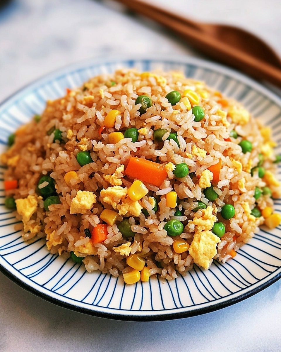 A mound of fried rice is placed on a white plate with blue stripes. The fried rice has three main layers: the base layer is light brown cooked rice, mixed throughout with small pieces of yellow scrambled egg, bright yellow corn kernels, small diced orange carrots, chopped green beans, and green peas, all evenly spread. The texture of the rice is slightly fluffy with some shiny bits, and the vegetables and eggs add color contrast. The plate rests on a white marbled surface, and a wooden spoon with chopsticks is blurred in the background on the top right. Photo taken with an iphone --ar 4:5 --v 6.1